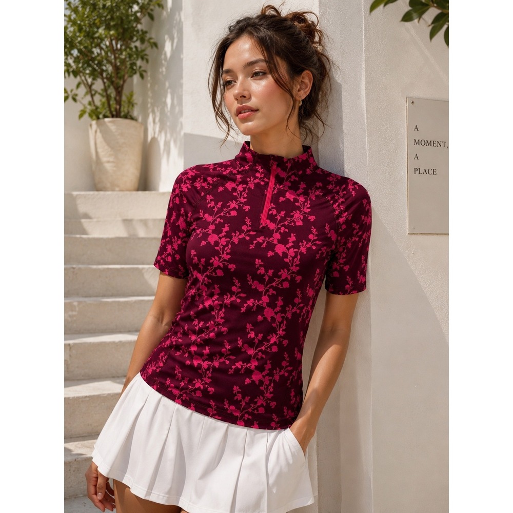 G/FORE Women's Floral Golf Performance Quarter Zip Top XS Burgundy Pink